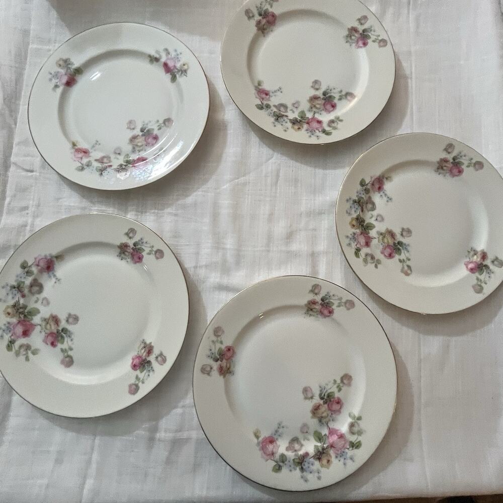 EPIAG Czechoslovakia Set of 5 8inch Plates Bridal Rose Pattern Floral & Gold